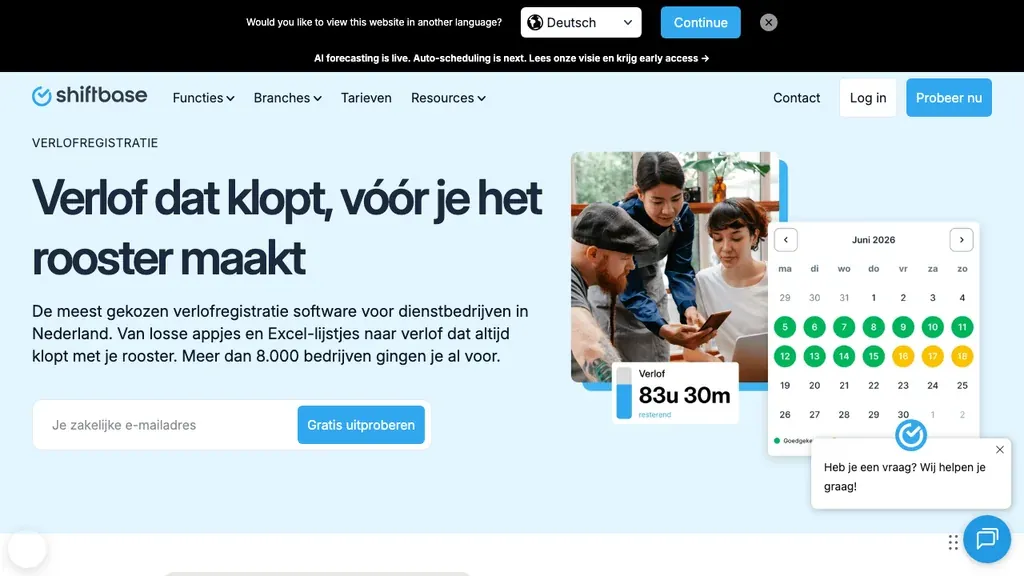 Shiftbase verlofregistratie en rooster software homepage (screenshot juli 2026)