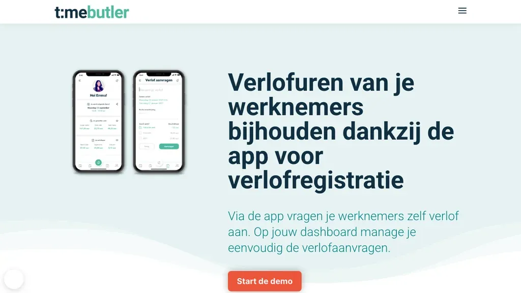 TimeButler verlofregistratie app en planning homepage (screenshot juli 2026)