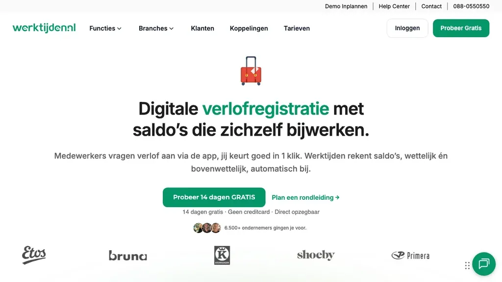 Werktijden.nl verlofregistratie en personeelsplanning homepage (screenshot juli 2026)