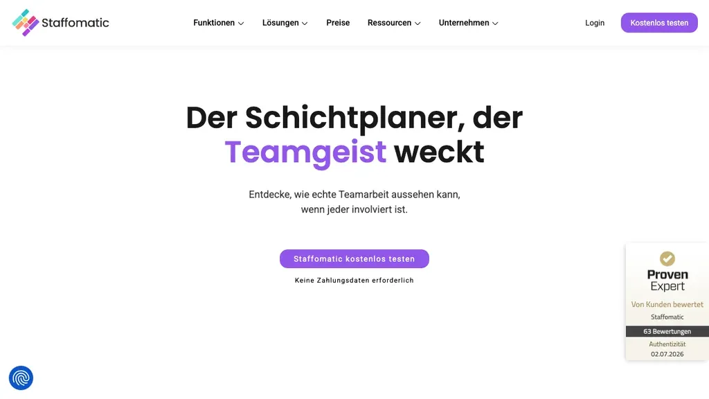 Staffomatic Workforce Management: Produktstartseite (Screenshot September 2026)