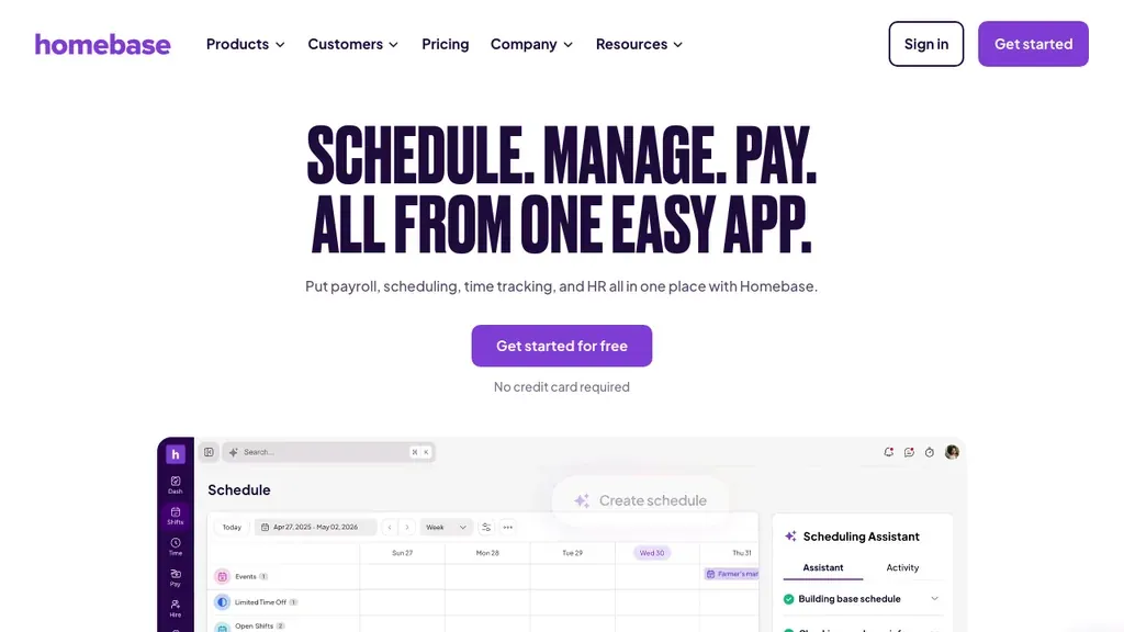 Homebase workforce management for hourly teams homepage (screenshot September 2026)
