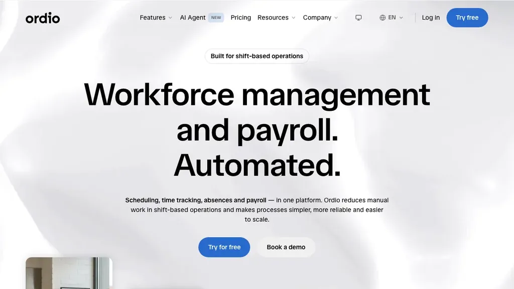 Ordio workforce management software homepage showing shift planning and time tracking (screenshot September 2026)