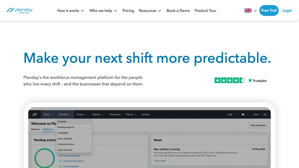 Planday workforce management software homepage (screenshot September 2026)