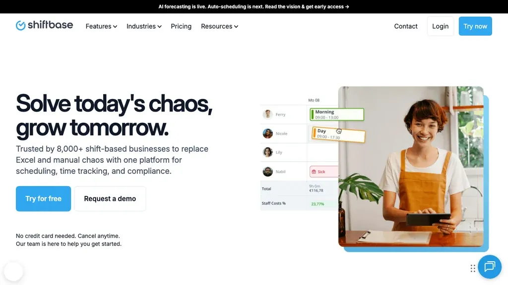 Shiftbase workforce management software homepage (screenshot September 2026)