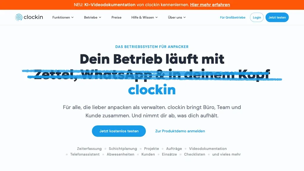 clockin Zeiterfassung: Mobile Stempeluhr Startseite (Screenshot September 2026)
