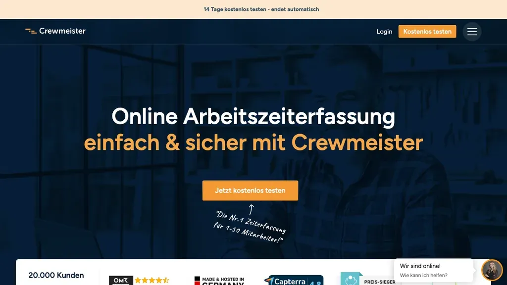 Crewmeister Zeiterfassung: Produktstartseite (Screenshot September 2026)