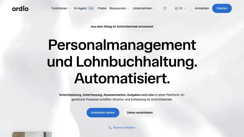 Ordio Zeiterfassung: Startseite mit Schichtplan und Zeiterfassung (Screenshot September 2026)