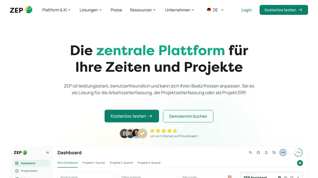 ZEP Projektzeiterfassung: Startseite (Screenshot September 2026)