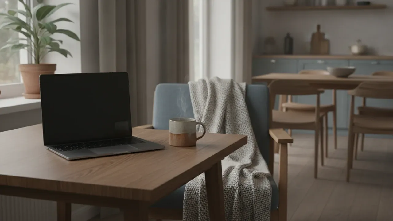 Kącik pracy z domu — laptop na drewnianym stole przy oknie, ilustracja pracy zdalnej okazjonalnej