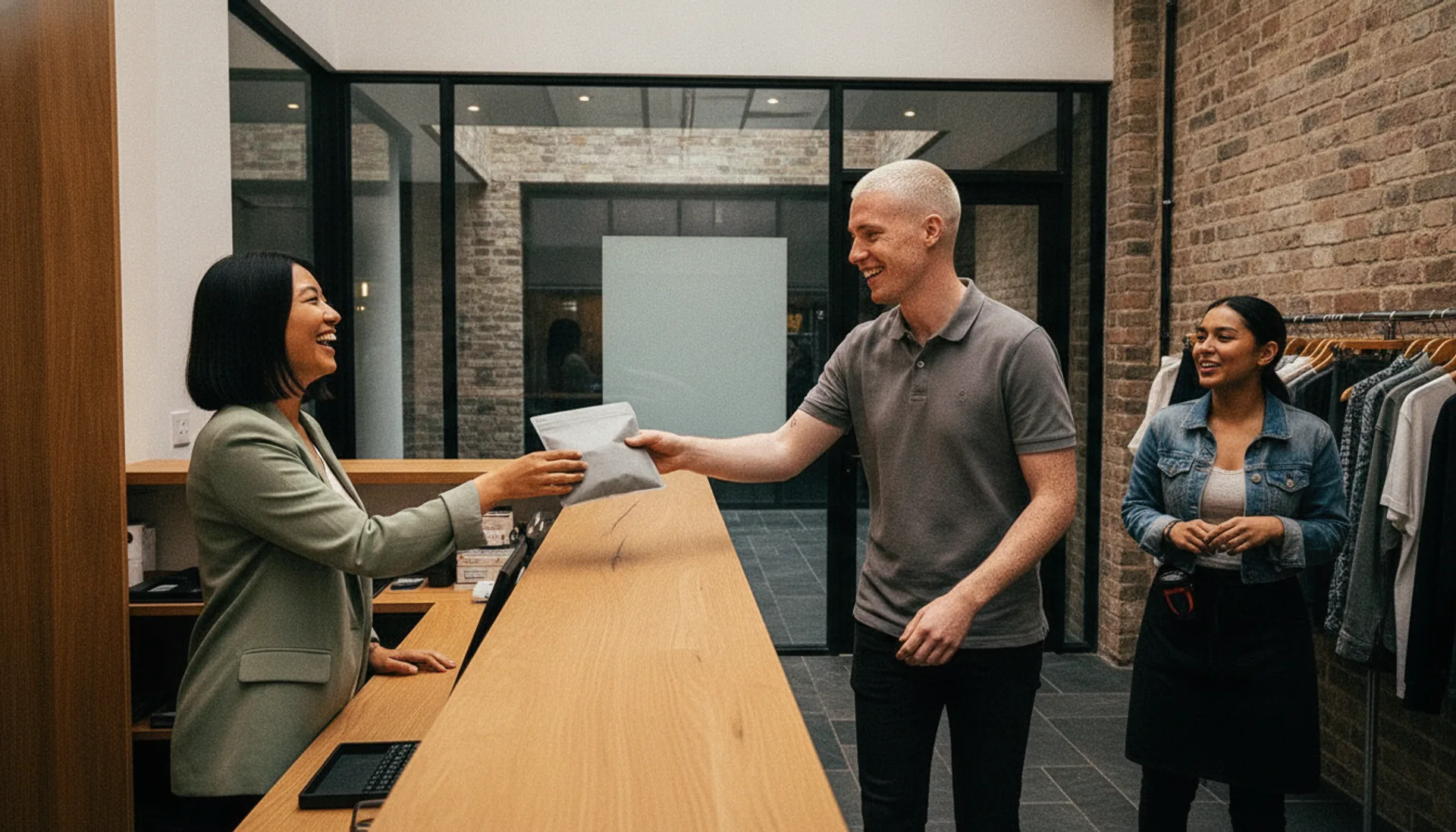 Boutique hotel and retail — laughing secure-pouch handoff at the desk