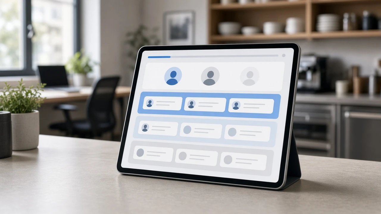 Ordio Terminal im neuen Design: Tablet mit übersichtlicher Startseite für das Einstempeln