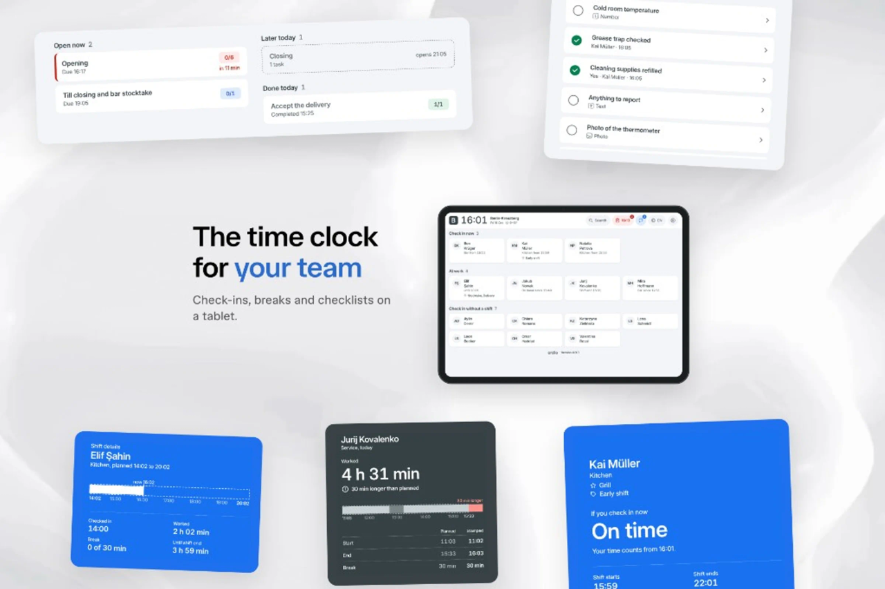 Ordio Terminal redesign: home screen grouped into Clock in now, At work, and Clock in without a shift