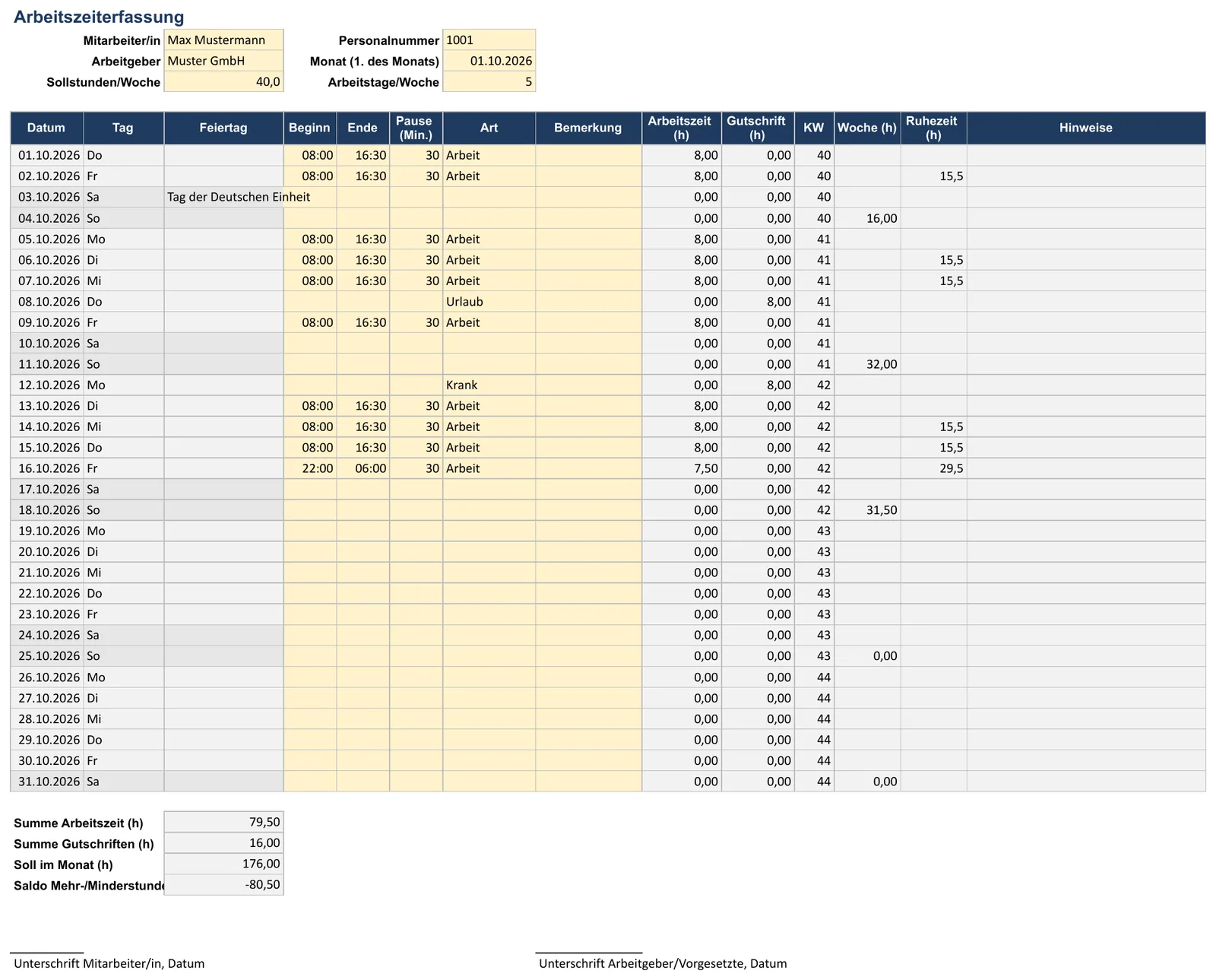 Screenshot der Arbeitszeiterfassung-Vorlage, Blatt „Zeiterfassung“ mit Mitarbeiter/in, Arbeitgeber, Sollstunden/Woche, Beginn und Ende