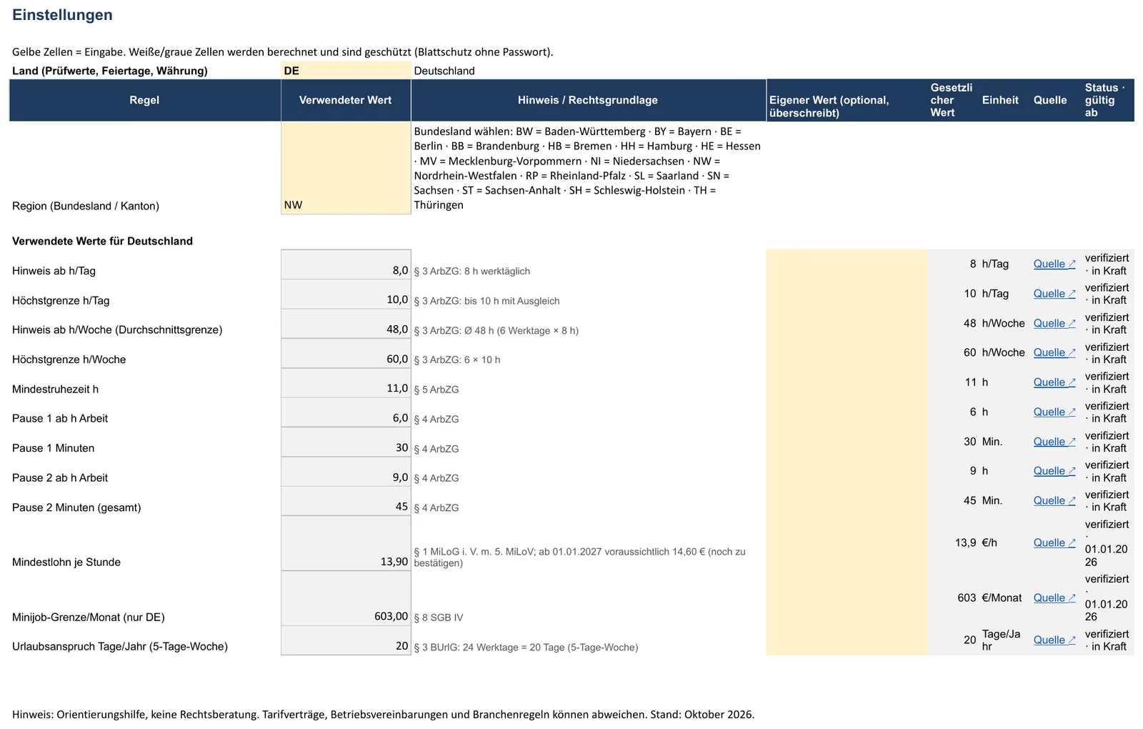 Screenshot der Arbeitszeiterfassung-Vorlage, Blatt „Einstellungen“ mit Land (DE, AT, CH), Region (Bundesland, Kanton GE, BS, NE, JU, TI oder „–“) und eigene Werte in Spalte D (überschreiben die Standardwerte)