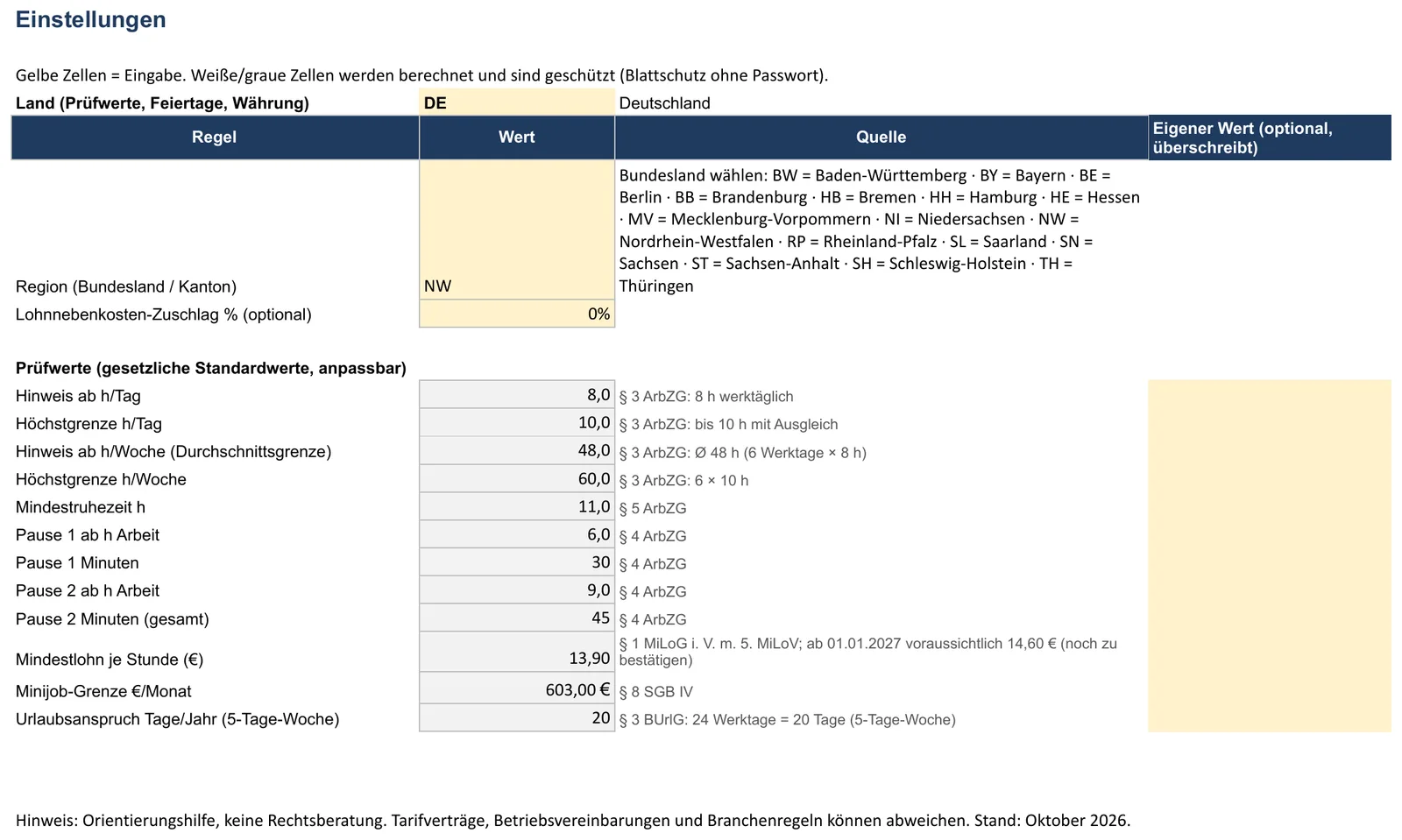Screenshot der Dienstplan-Vorlage, Blatt „Einstellungen“ mit Bundesland (Feiertage), Lohnnebenkosten-Zuschlag % (optional), Hinweis ab h/Tag, Höchstgrenze h/Tag und Hinweis ab h/Woche (Durchschnittsgrenze)