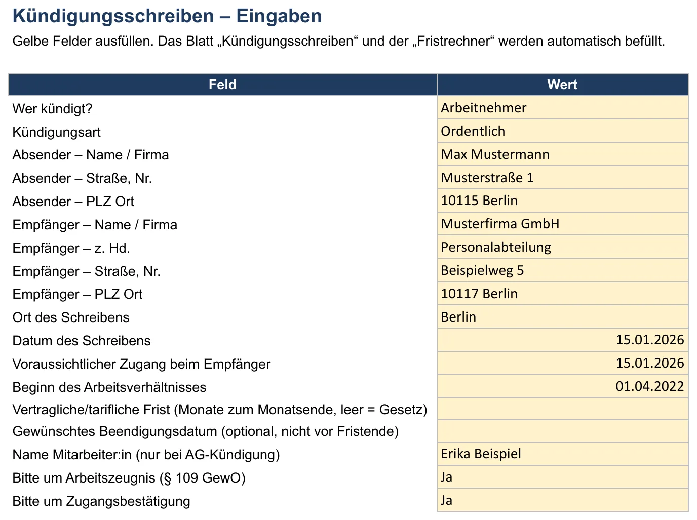 Screenshot der Kündigungsschreiben-Vorlage, Blatt „Eingaben“ mit Wer kündigt?, Kündigungsart, Absender – Name / Firma, Absender – Straße, Nr. und Absender – PLZ Ort