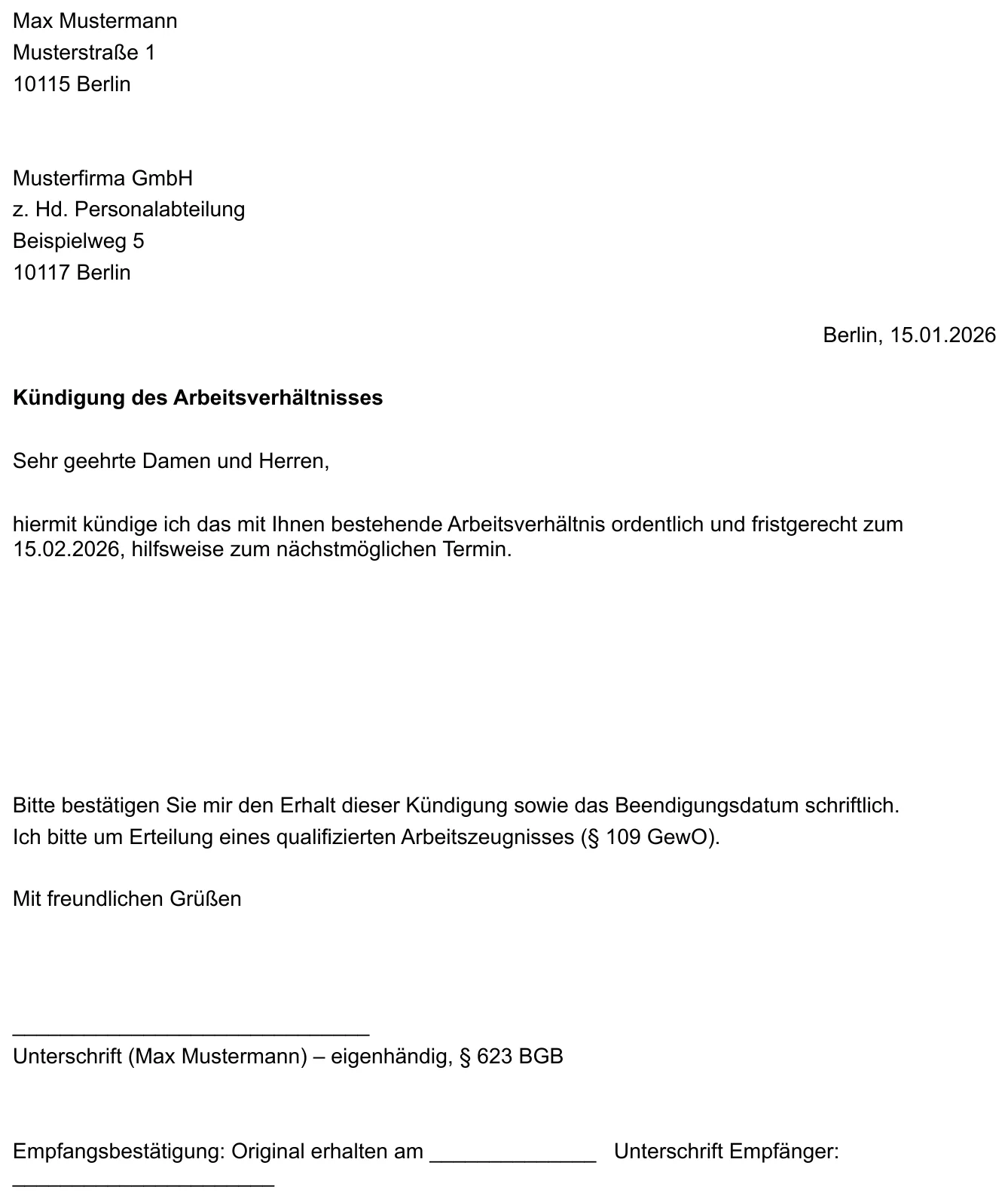 Screenshot der Kündigungsschreiben-Vorlage, Blatt „Kündigungsschreiben“