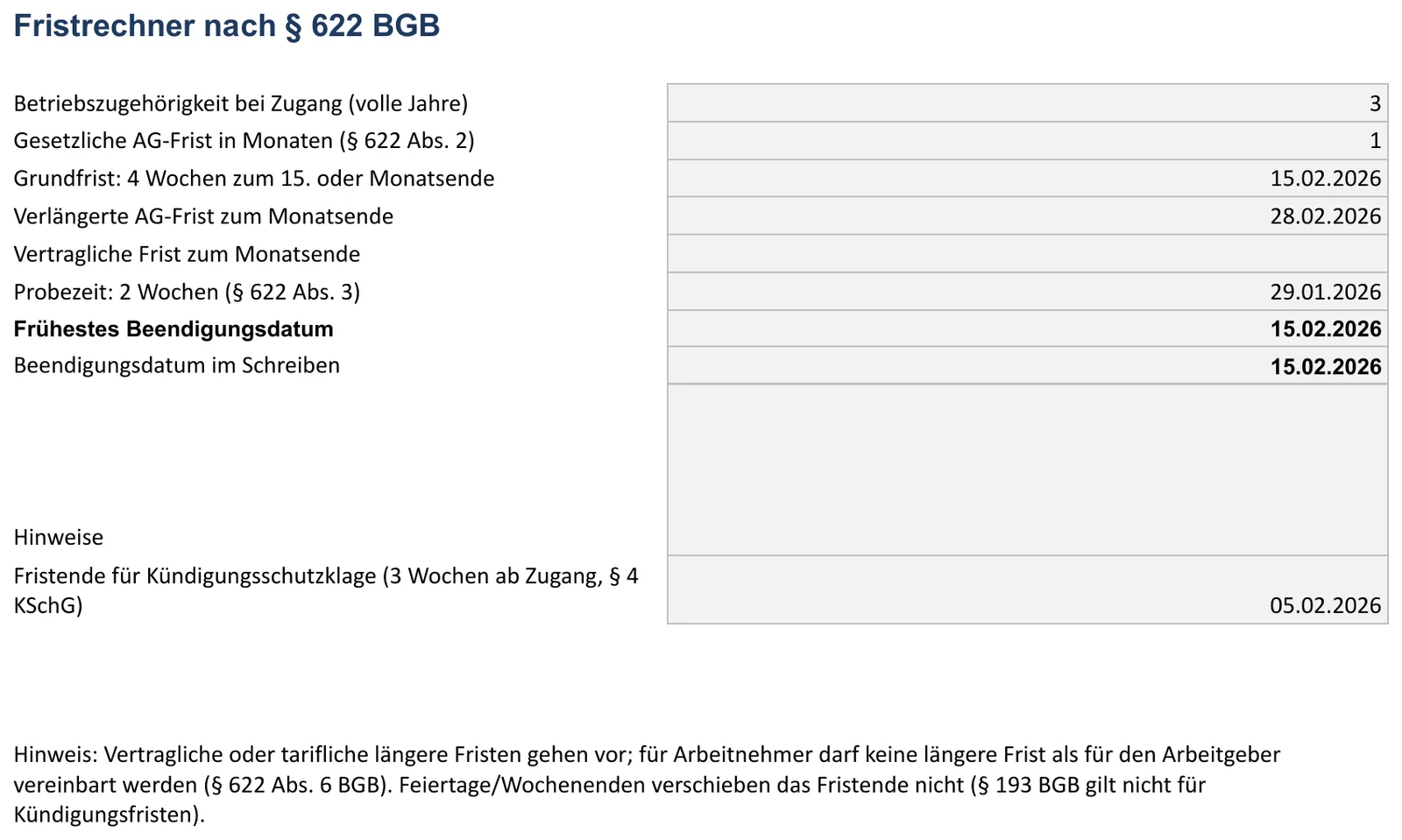 Screenshot der Kündigungsschreiben-Vorlage, Blatt „Fristrechner“ mit Betriebszugehörigkeit bei Zugang (volle Jahre), Grundfrist: 4 Wochen zum 15. oder Monatsende, Verlängerte AG-Frist zum Monatsende, Vertragliche Frist zum Monatsende und Probezeit: 2 Wochen (§ 622 Abs. 3)