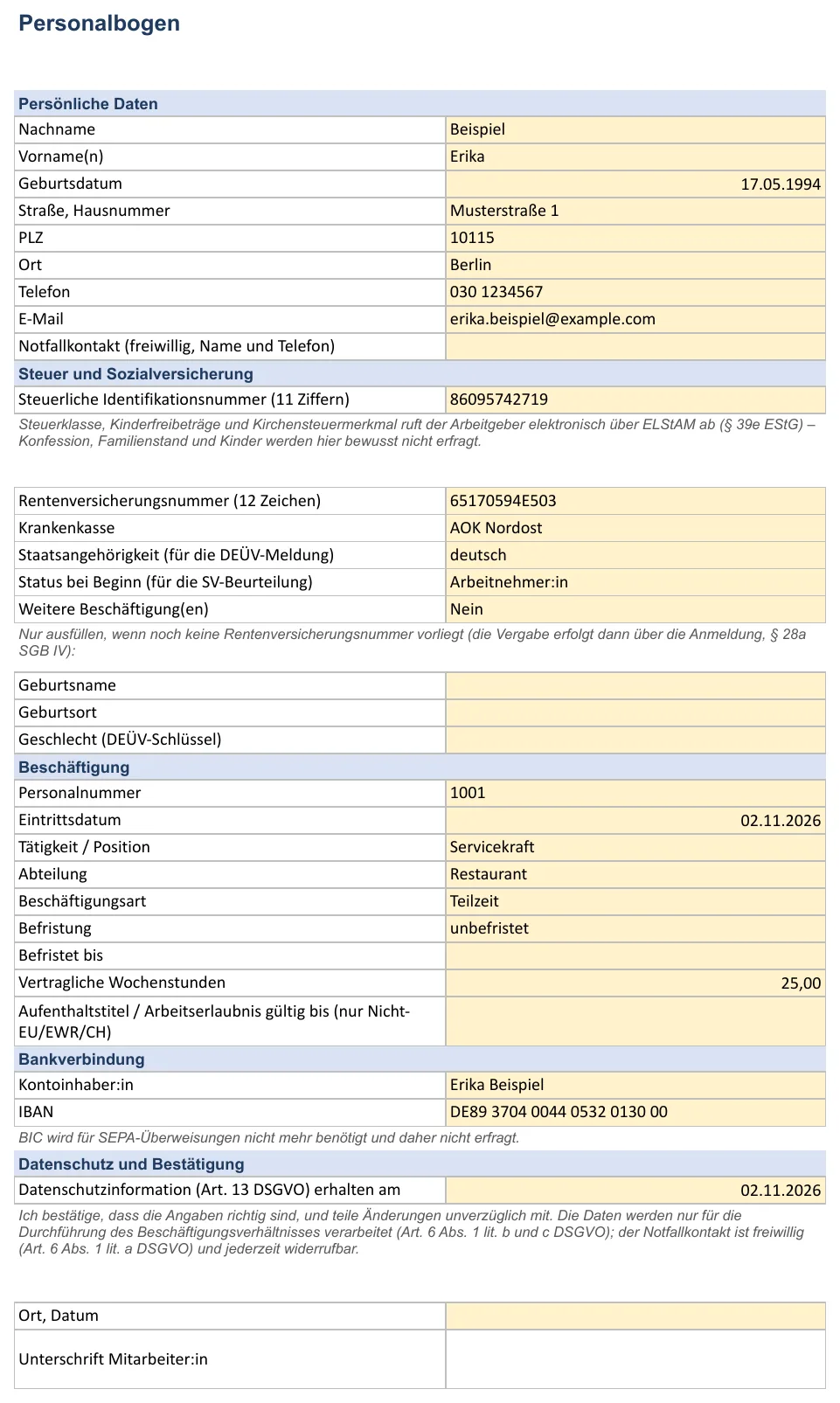 Screenshot der Personalbogen-Vorlage, Blatt „Personalbogen“ mit Nachname, Vorname(n), Geburtsdatum, Straße, Hausnummer und PLZ