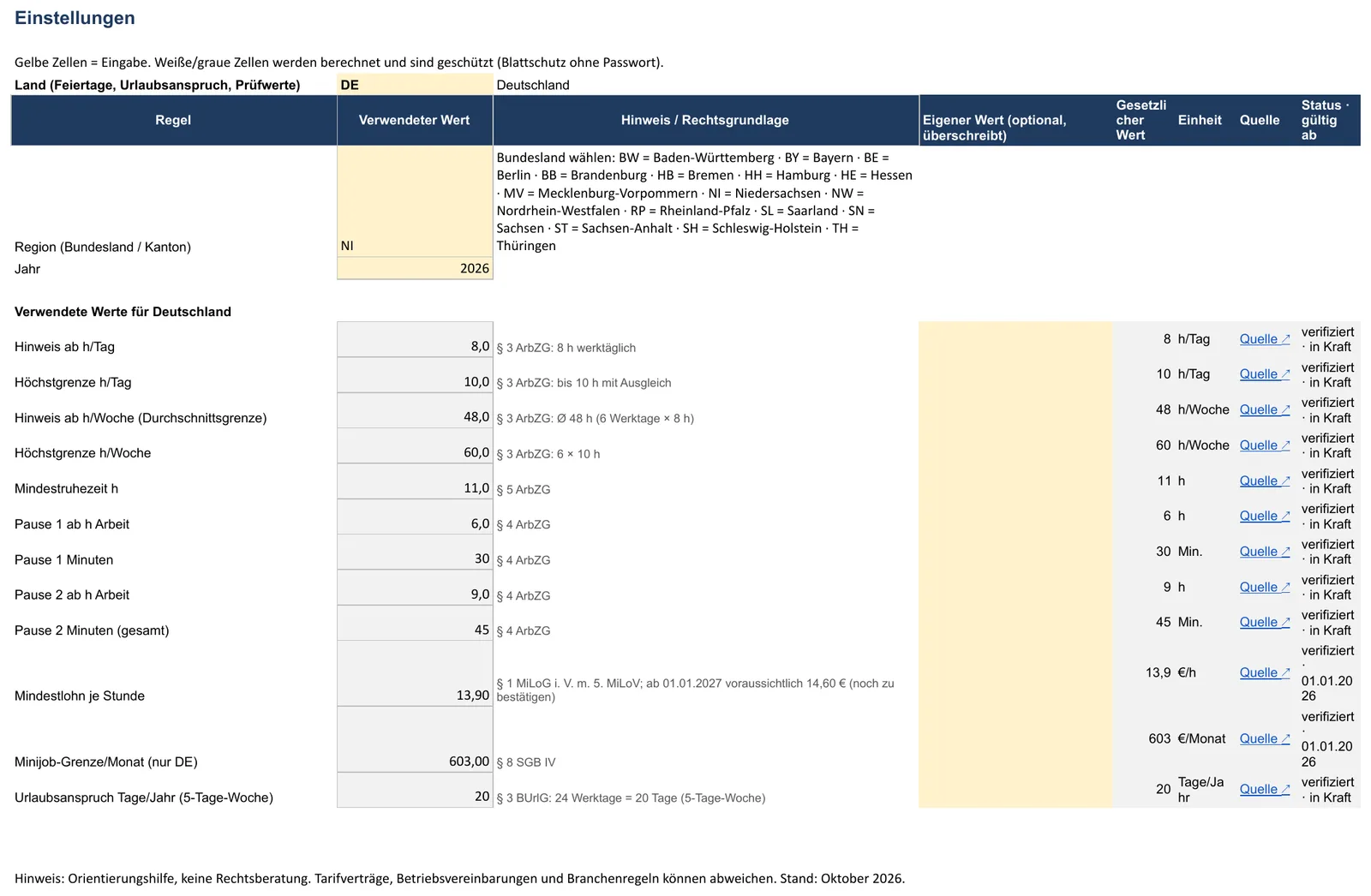 Screenshot der Urlaubsplaner-Vorlage, Blatt „Einstellungen“ mit Land (DE, AT, CH), Region (Bundesland, Kanton GE oder „–“), Jahr und eigene Werte in Spalte D (überschreiben die Standardwerte)