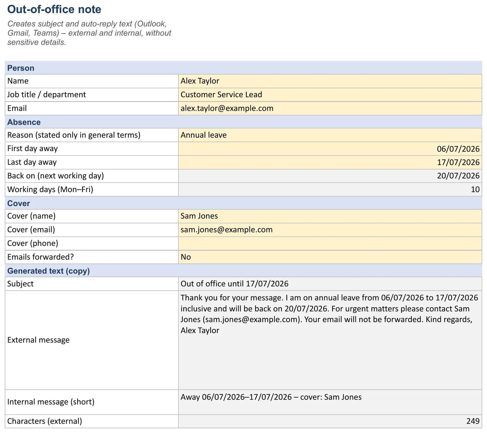Screenshot of the out-of-office message template, “Absence note” sheet showing Name, Job title / department, Email, Reason (stated only in general terms) and First day away