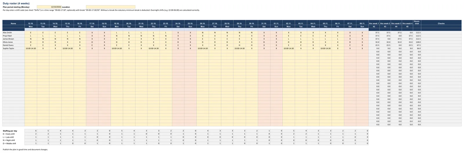 Screenshot of the duty roster template, “Roster” sheet showing Plan period starting (Monday)