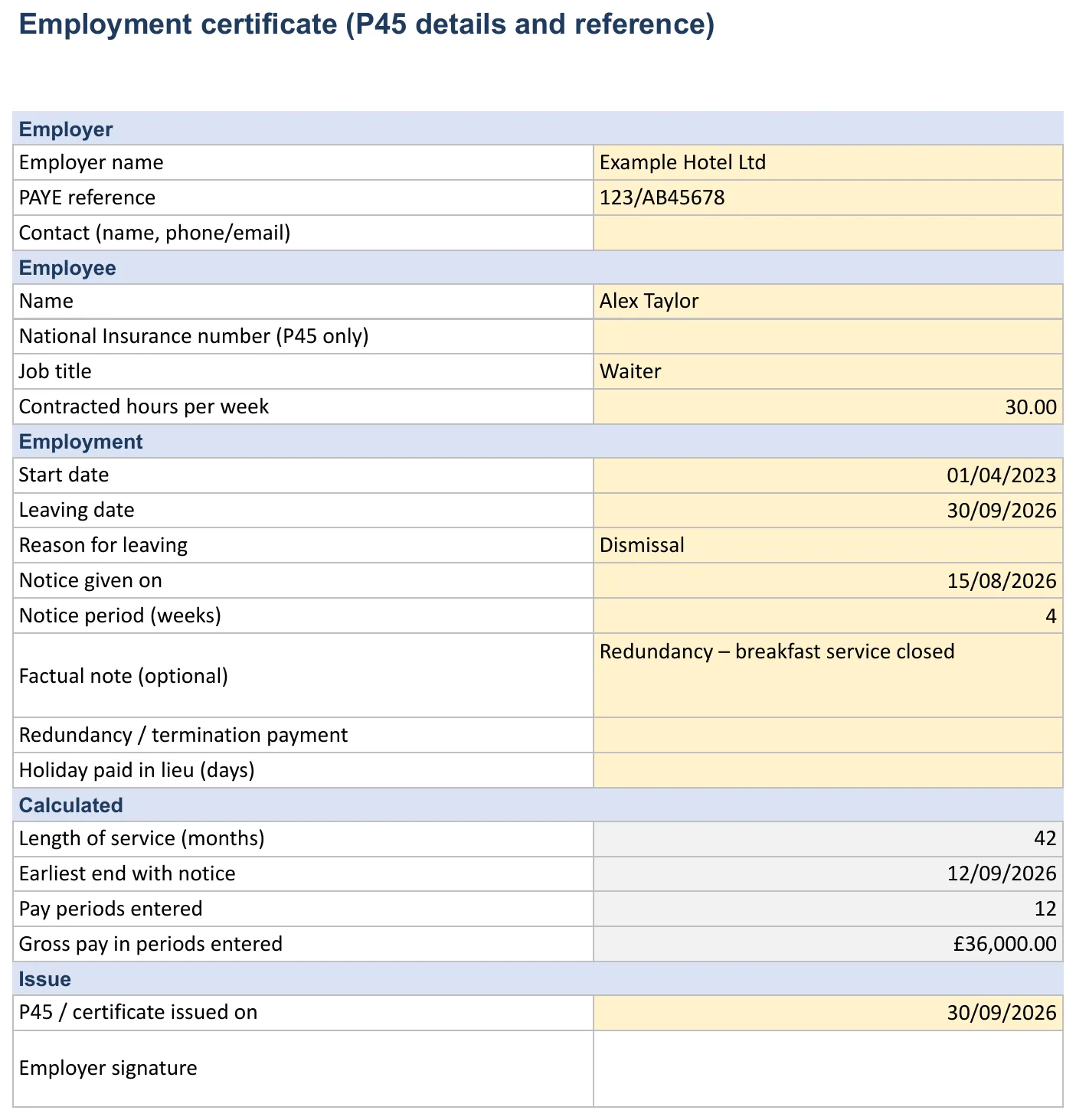Screenshot of the employment certificate template, “Certificate” sheet showing Employer name, PAYE reference, Contact (name, phone/email), Name and National Insurance number (P45 only)