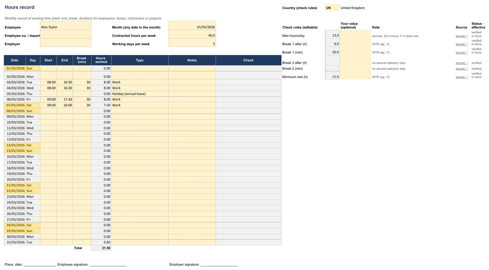 Screenshot of the proof of hours worked template, “Hours record” sheet showing Employee, Employee no. / department, Employer, Date and Start