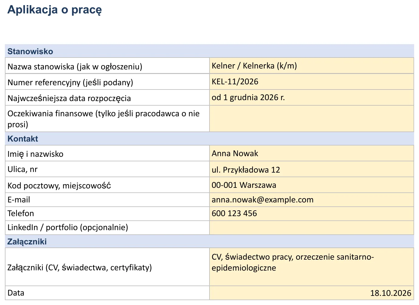 Zrzut ekranu – wzór „List motywacyjny”, arkusz „Dane aplikacji” z polami: Nazwa stanowiska (jak w ogłoszeniu)), Numer referencyjny (jeśli podany), Najwcześniejsza data rozpoczęcia, Oczekiwania finansowe (tylko jeśli pracodawca o nie prosi) i Imię i nazwisko