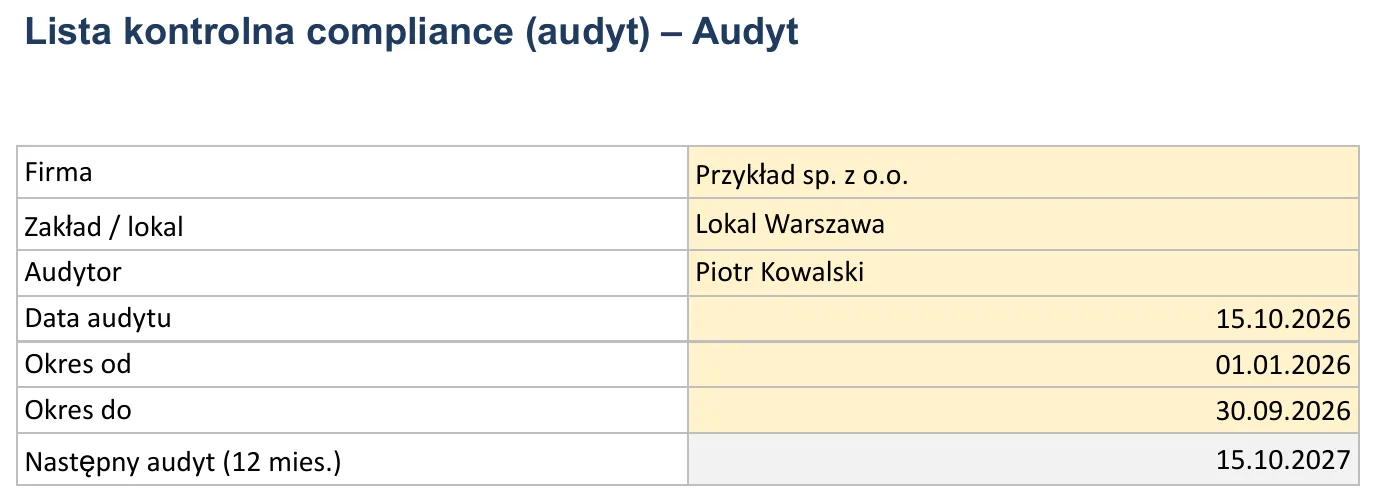 Zrzut ekranu – szablon „Checklista compliance HR”, arkusz „Audyt” z polami: Firma, Zakład / lokal, Audytor, Data audytu i Okres od