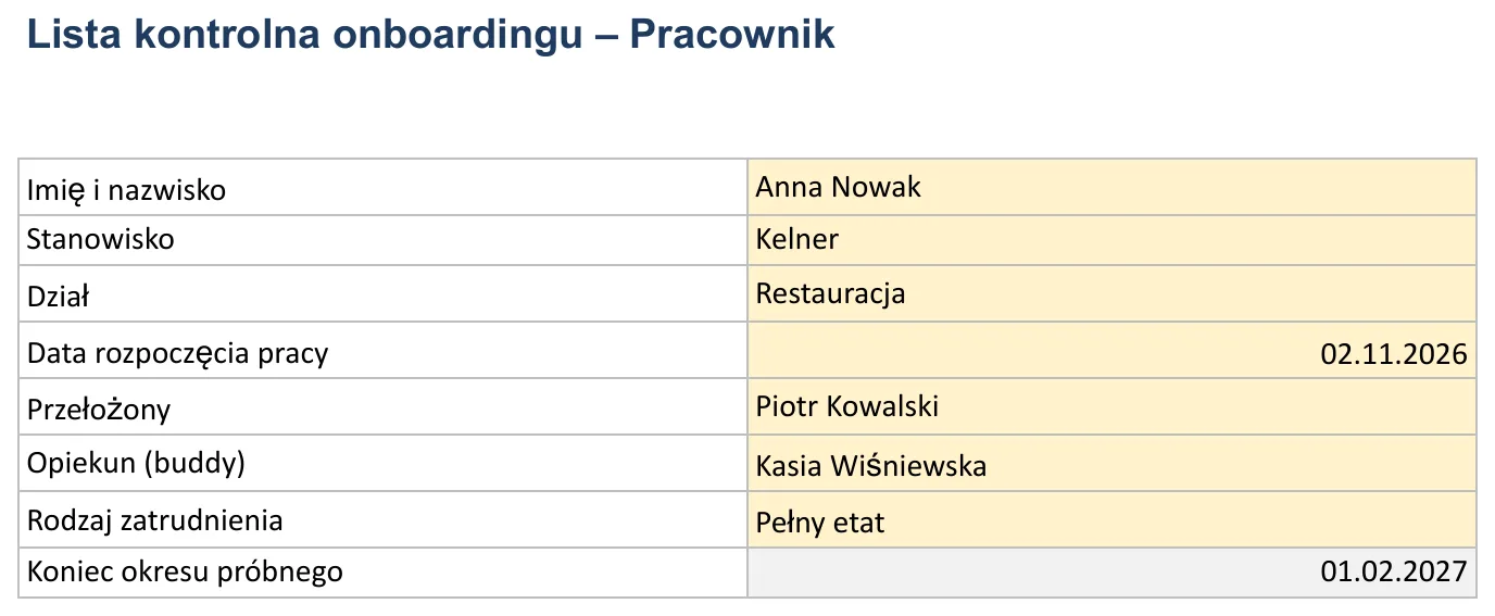 Zrzut ekranu – szablon „Checklista onboardingu”, arkusz „Pracownik” z polami: Imię i nazwisko, Stanowisko, Dział, Data rozpoczęcia pracy i Przełożony