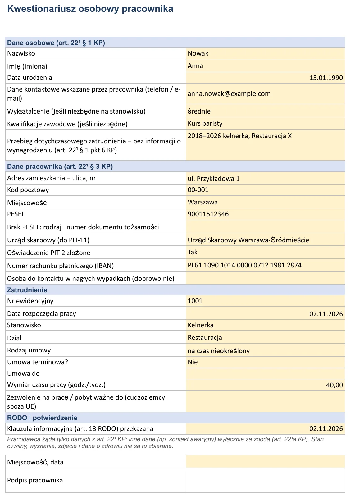 Zrzut ekranu – szablon „Kwestionariusz osobowy”, arkusz „Kwestionariusz” z polami: Nazwisko, Imię (imiona), Data urodzenia, Wykształcenie (jeśli niezbędne na stanowisku) i Kwalifikacje zawodowe (jeśli niezbędne)