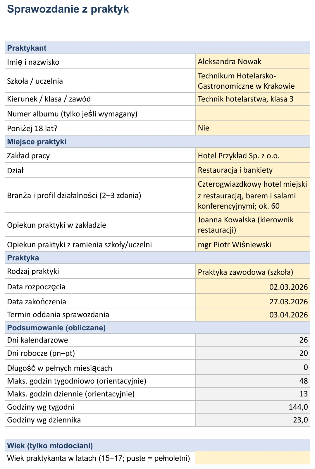Zrzut ekranu – wzór „Raport z praktyk”, arkusz „Strona tytułowa” z polami: Imię i nazwisko, Szkoła / uczelnia, Kierunek / klasa / zawód, Numer albumu (tylko jeśli wymagany) i Poniżej 18 lat?