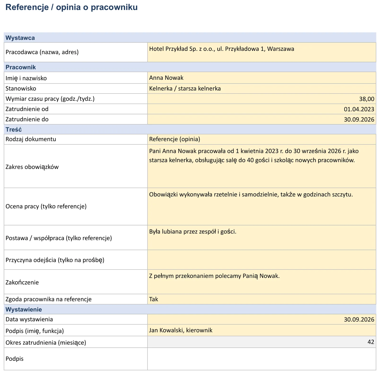 Zrzut ekranu – wzór „Świadectwo pracy”, arkusz „Świadectwo” z polami: Pracodawca, NIP / REGON, Osoba kontaktowa, Imię i nazwisko i PESEL