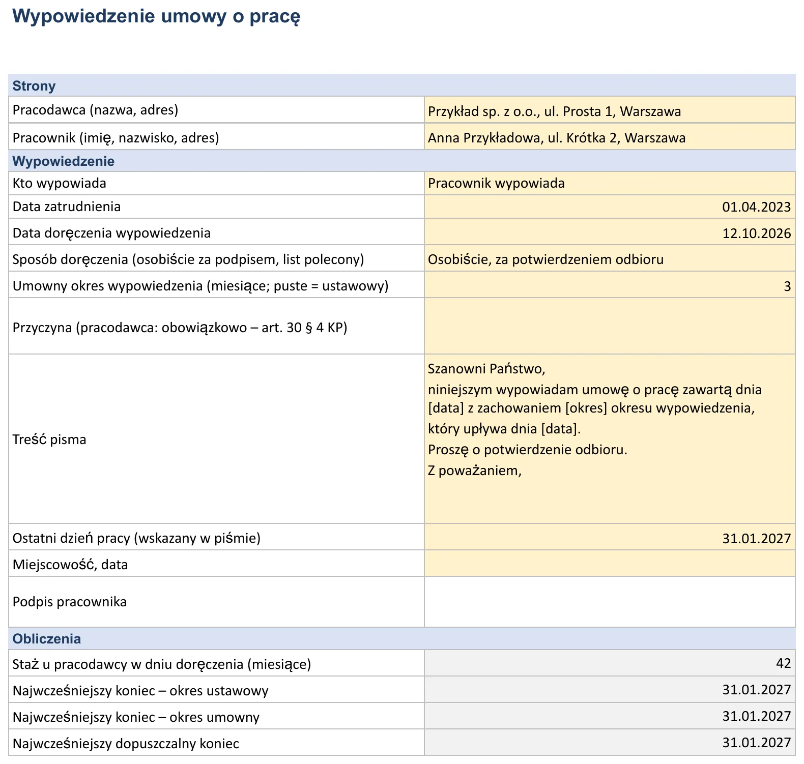 Zrzut ekranu – wzór „Wypowiedzenie umowy o pracę”, arkusz „Wypowiedzenie” z polami: Pracodawca (nazwa, adres), Pracownik (imię, nazwisko, adres), Kto wypowiada, Data zatrudnienia i Data doręczenia wypowiedzenia