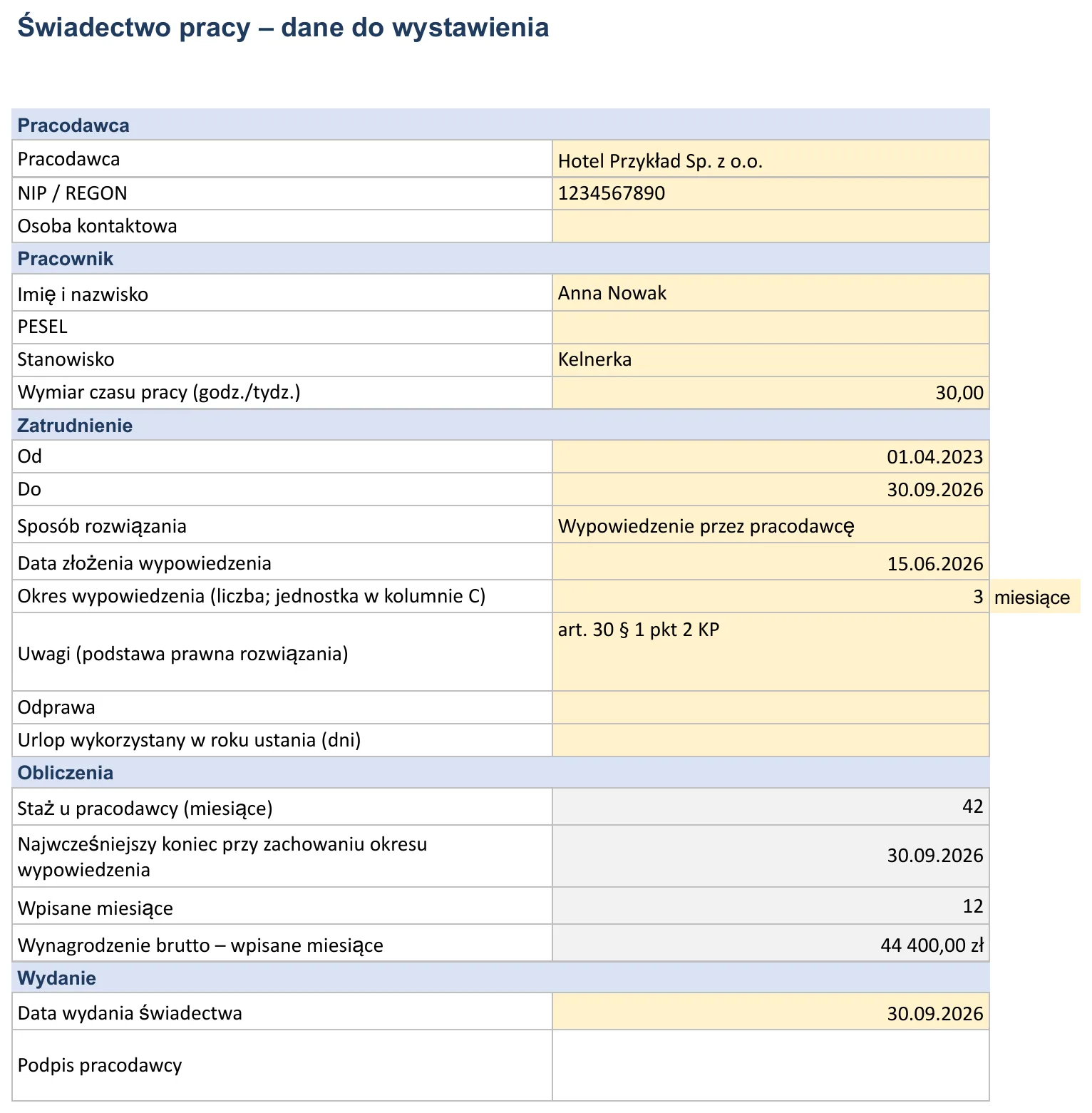 Zrzut ekranu – wzór „Zaświadczenie o zatrudnieniu”, arkusz „Referencje” z polami: Pracodawca (nazwa, adres), Imię i nazwisko, Stanowisko, Wymiar czasu pracy (godz./tydz.) i Zatrudnienie od