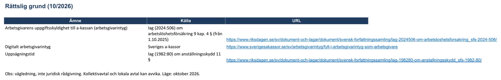 Skärmbild av mallen för arbetsgivarintyg, bladet ”Rättslig grund”