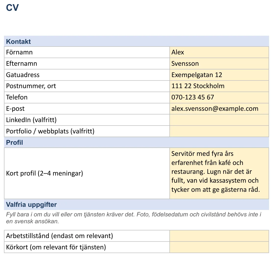 Skärmbild av mallen för CV, bladet ”Personuppgifter” med Förnamn, Efternamn, Gatuadress, Postnummer, ort och Telefon