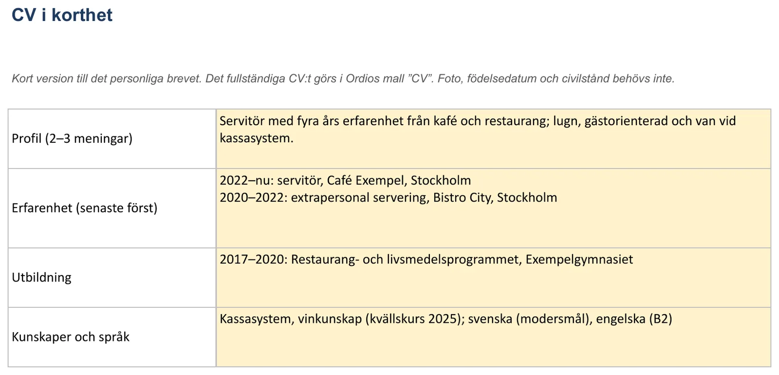 Skärmbild av mallen för jobbansökan, bladet ”CV i korthet” med Profil (2–3 meningar), Erfarenhet (senaste först), Utbildning och Kunskaper och språk