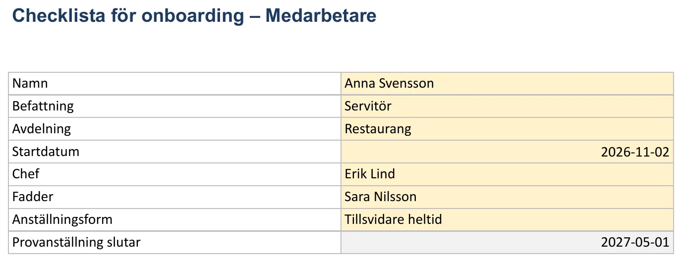 Skärmbild av mallen för onboarding-checklista, bladet ”Medarbetare” med Namn, Befattning, Avdelning, Startdatum och Chef
