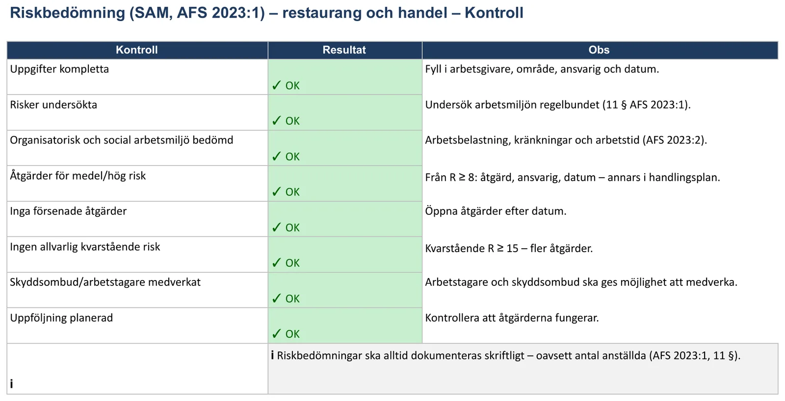 Skärmbild av mallen för riskbedömning, bladet ”Kontroll”