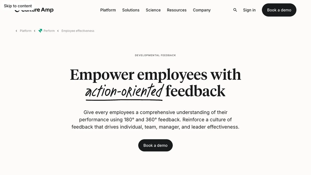 Culture Amp 360 degree feedback tool product page (screenshot July 2026)