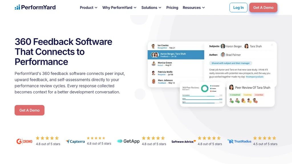 PerformYard 360 feedback software homepage (screenshot July 2026)