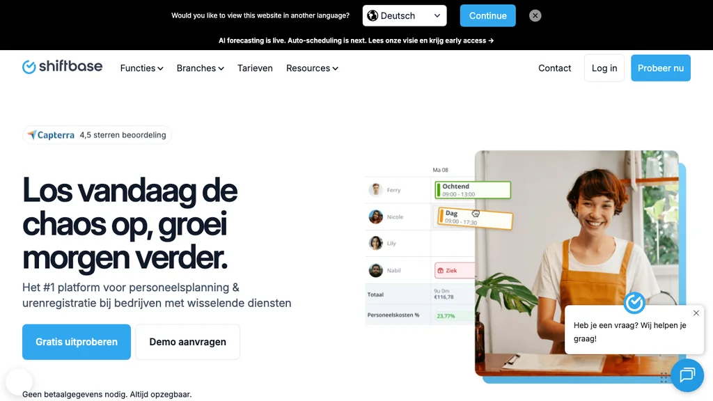 Shiftbase workforce management en aanwezigheidsregistratie homepage (screenshot juli 2026)