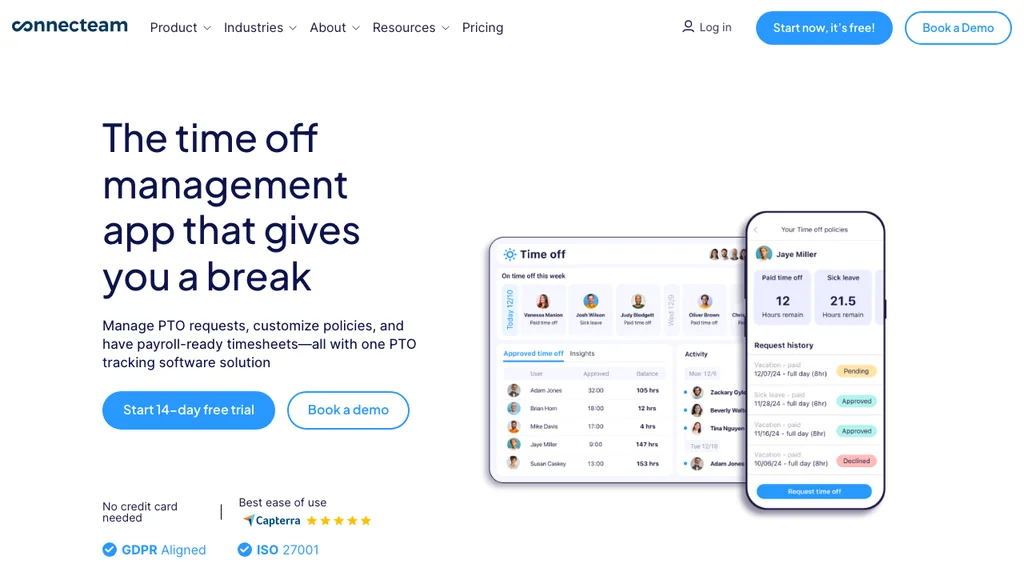 Connecteam PTO and absence management for deskless teams homepage (screenshot July 2026)