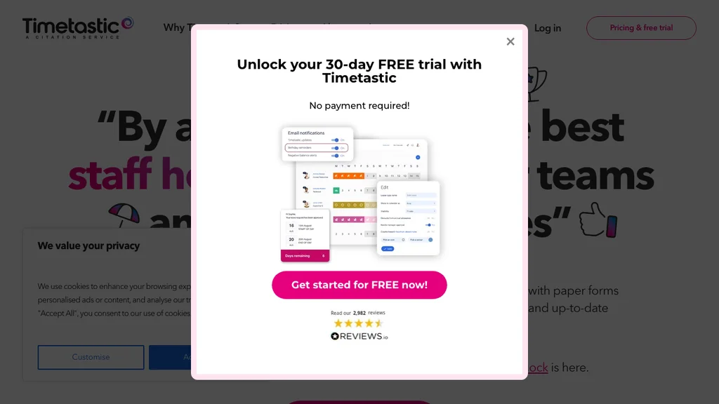 Timetastic leave and absence calendar software homepage (screenshot July 2026)