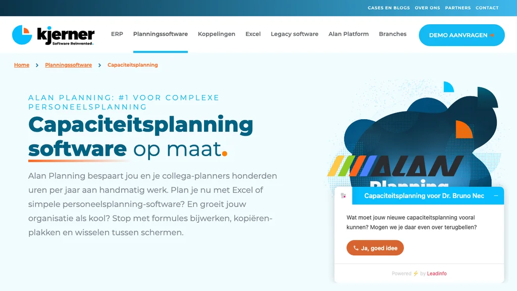 Kjerner capaciteitsplanning en rooster software homepage (screenshot juli 2026)