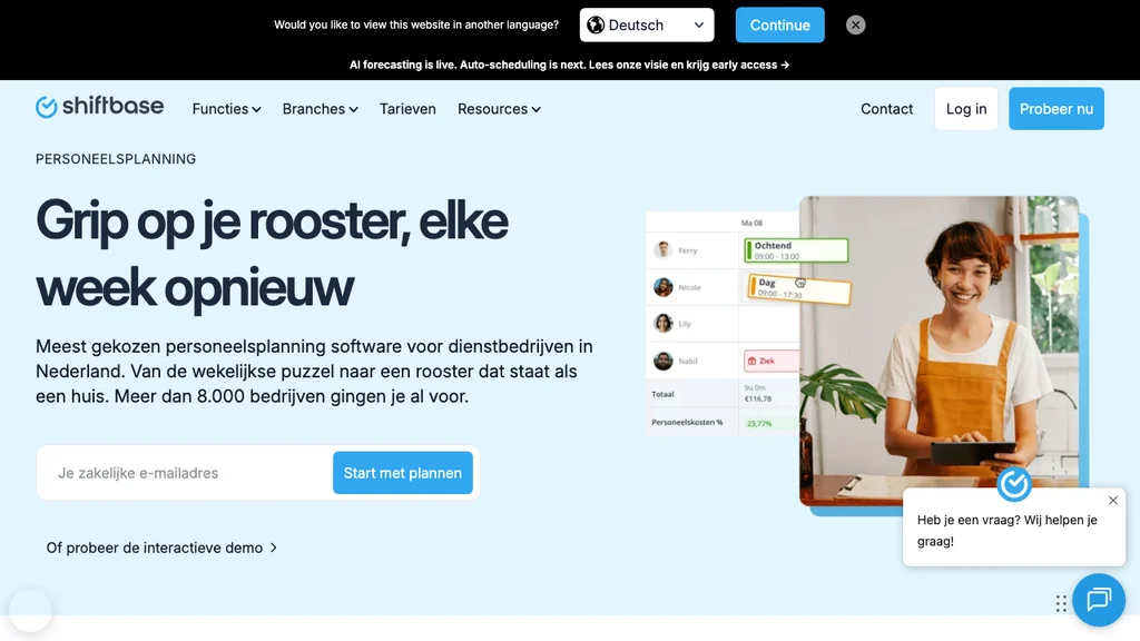 Shiftbase personeelsplanning en capaciteit homepage (screenshot juli 2026)