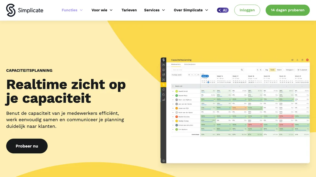 Simplicate planning software en capaciteitsplanning homepage (screenshot juli 2026)