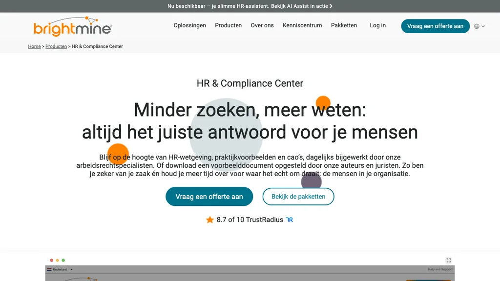 BrightMine HR Compliance Center voor arbeidsrecht en CAO (screenshot juli 2026)